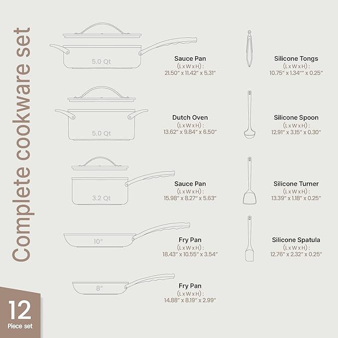 Bakken 12-Piece Aluminum Cookware Set with Ceramic Nonstick Coating, PTFE & PFAS Free, All Stovetop Safe Up To 500째F, Pots and Pans Set with Lids, Silicone Utensils Included, Dishwasher Safe, Pink