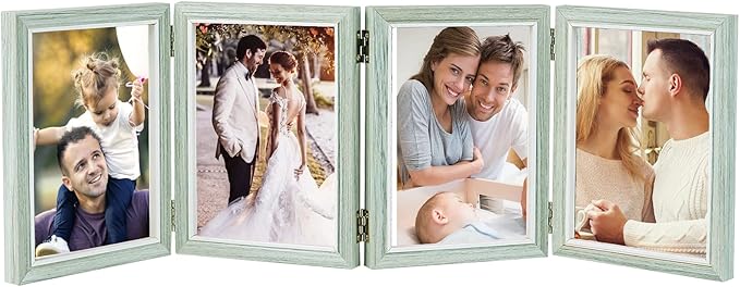 POILKMNI 4 Folding 5x7 Inch Hinged Picture Frame High Definition Natural Wood Picture Frame Rustic Desktop Acrylic Frame Family Photo Collage for Birthday Father's Day Christmas Family Lover Gift