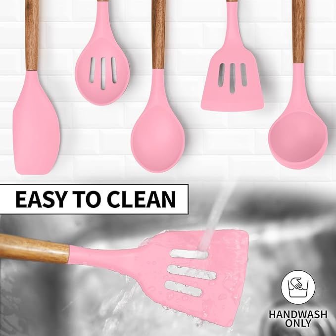Zulay Kitchen Non-Stick Cooking Utensils Set with Authentic Acacia Wood Handles ??5-Piece Durable & Stylish Silicone Kitchen Utensils Set ??Heat Resistant to 464째F ??Pink