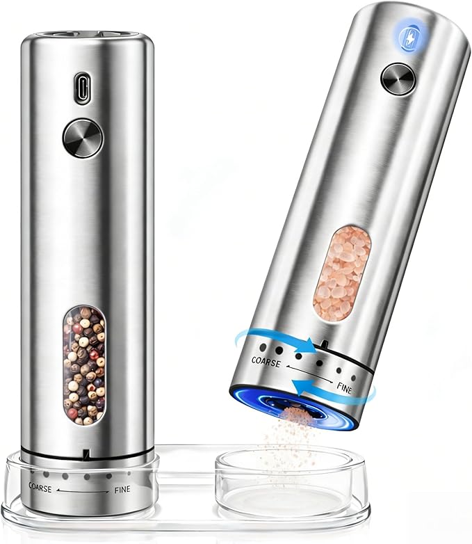 Electric Salt and Pepper Grinder Set, Rechargeable Automatic Salt and Pepper Shakers Mills, 110ml Large Capacity, Stainless Steel, Adjustable Coarseness, LED Light & Base, Ideal for Kitchen & Gifts