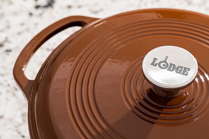 Lodge 6 Quart Enameled Cast Iron Dutch Oven with Lid ??Dual Handles ??Oven Safe up to 500째 F or on Stovetop - Use to Marinate, Cook, Bake, Refrigerate and Serve ??Burnt Sienna