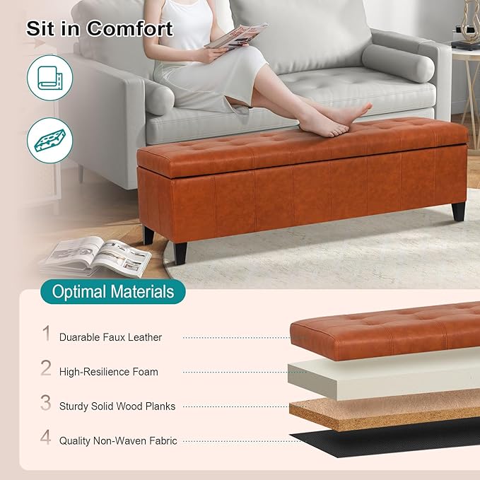 DECO DE VILLE Ottoman with Storage, 51 Inch End of Bed Storage Ottoman Bench, Faux Leather Upholstered Ottomans with Hinged Lid, Rectangle Long Foot Rest Bench for Living Room Bedroom Red Brown