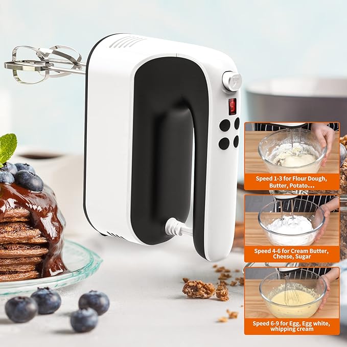 9-Speed Digital Hand Mixer Electric, 400W Powerful DC Motor, Baking Handheld with Snap-On Storage Case, 5 Stainless Steel Accessories, Flat Beaters, Dough Hooks, Whisk(White/Black)