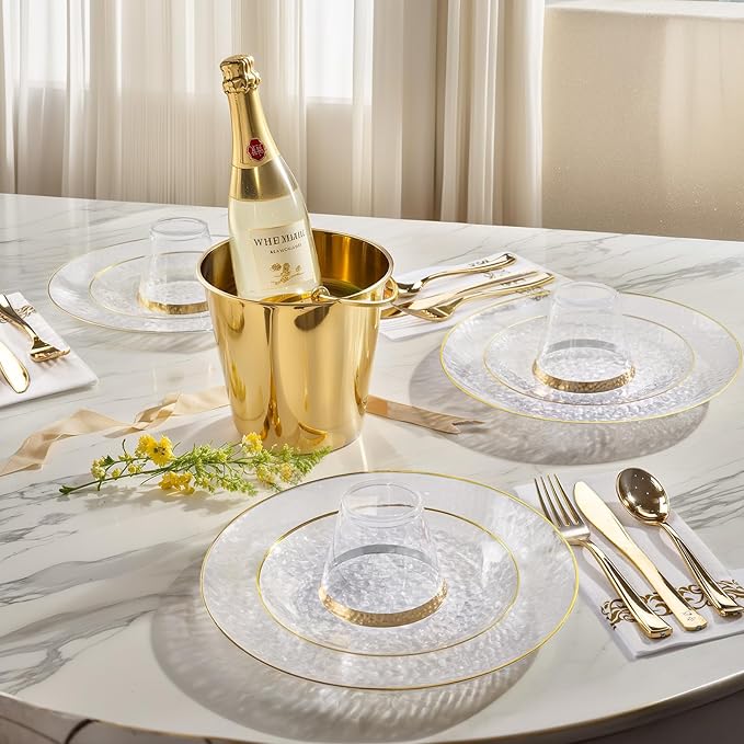 DaYammi 100 Pcs Gold Plastic Plates - 10 inch Clear Gold Dinner Plates Plastic Plates Disposable - Hammer Pattern Design - Fancy Disposable Plate - Heavy Duty Party Plate Ideal for Wedding