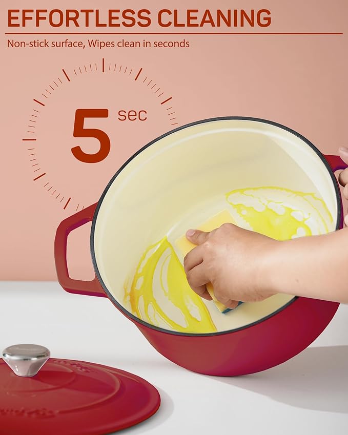 Enameled Cast Iron Dutch Oven ??6 Quart Pot with Lid & Potholders ??Heavy-Duty Cookware for Bread Baking, Braising, Stews & Roasting ??Oven & Stovetop Safe up to 500째F ??Red
