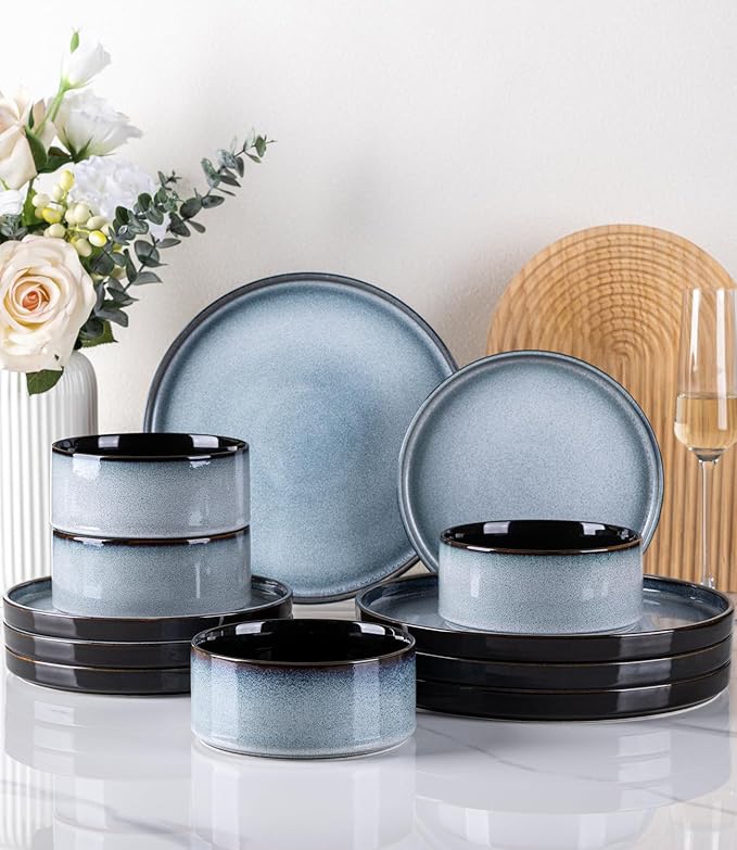 LERATIO Ceramic Dinnerware Sets for 4,Round Reactive Glaze Ceramic Plates and Bowls Set | Dishwasher & Microwave Safe Dishes Set,Service for 4 (12pc)-Gray White
