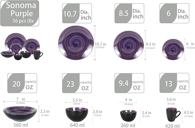 Stoneware Sonoma Dinnerware Set, Black + Speckled Spin Wash (56pc Set, Mix Grey, Orange, Purple, Turquoise)