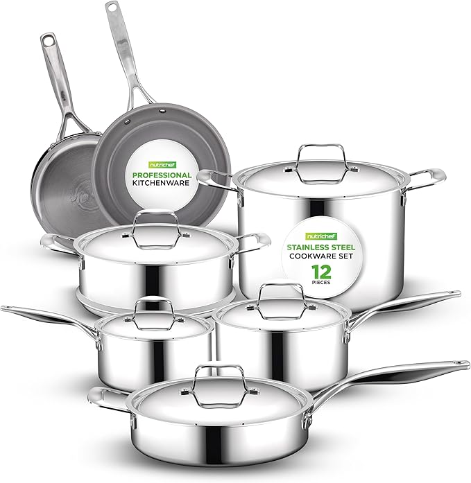 NutriChef 12-Piece Professional Stainless Steel Cookware Set ??Tri-Ply Pots, Ceramic Non-Stick Fry Pans, Induction Compatible, Strong Riveted Handles, Dishwasher Safe