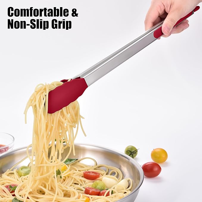 Doosu Kitchen Tongs for Cooking - 600째F Heat Resistant Food Tong with Non-Scratch Silicone Tips, Heavy Duty Stainless Steel Locking Tong for BBQ, Grilling Steak, Serving Salad, Pasta (16in, Red)