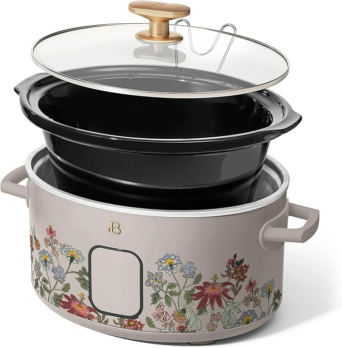 Beautiful 6 Quart Programmable Slow Cooker, 5 Cooking Presets, Digital Countdown Timer, Dishwasher Safe Parts by Drew Barrymore (Wildflower Porcini Taupe)