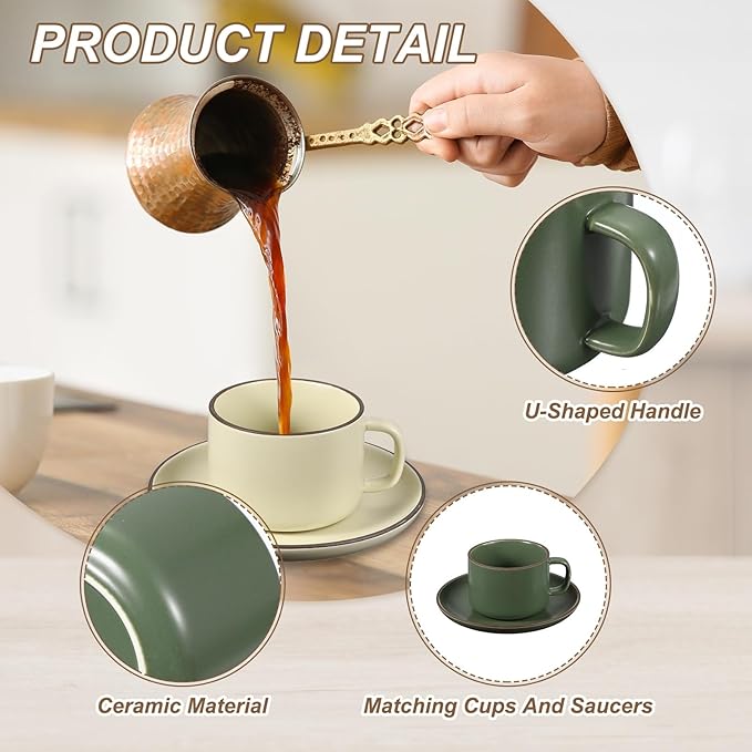 uxcell Handmade Vintage Espresso Cups, 8 oz Coffee Cups and Saucers Ceramic Tea Cup with Handle Dishwasher and Microwave Safe for Latte Cappuccino Milk Office Home Gifts, Pure Dark Green