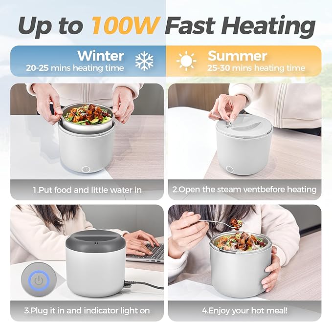 Monteka Electric Lunch Box 12V 24V 110V 3 in 1 Portable Food Warmer 55W High Power Heater Lunch Box for Car and Home-Leak proof, 1.5L Removable 304 Stainless Steel Container Fork Spoon Carry Bag