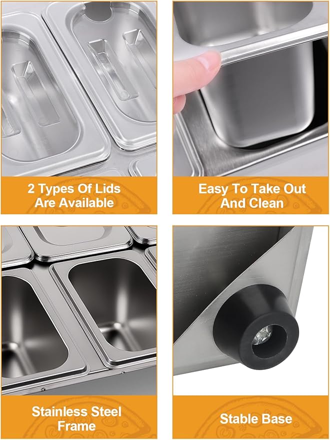 Lanstics Pizza Topping Station 10 Pans Pizza Storage Container Topping containers with Lids Spoon Condiment Organizers Buffet Containers Set for Restaurant Pizza Sauce Jam Fruit Ingredient