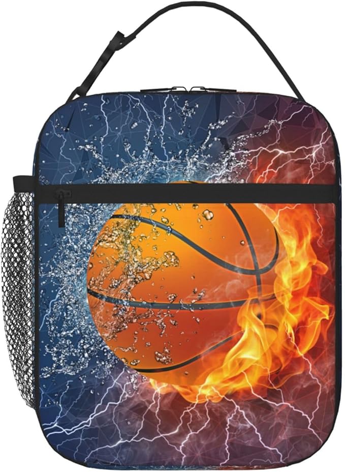 YIJIUWKIS Basketball Lunch Box for Kids Teens Boys Girls, Sports Insulated Lunch Bag Leakproof Portable Meal Bags with Side Pocket, Durable Reusable Tote Bag for Beach/Picnic/School/Work