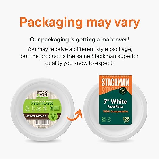 Stack Man 100% Compostable Small Paper Plates 7 Inch Heavy-Duty [125-Pack] Eco-Friendly White Bagasse Disposable Dessert Cake Plates - 7" Biodegradable Plate (BPI-Certified) (PFAS-Free)