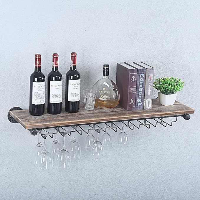 Industrial Wine Rack Wall Mounted with 5 Glass Holder,Wine Glass Rack Floating Wine Glass Shelf,36in Pipe Shelving Hanging Wood Shelves