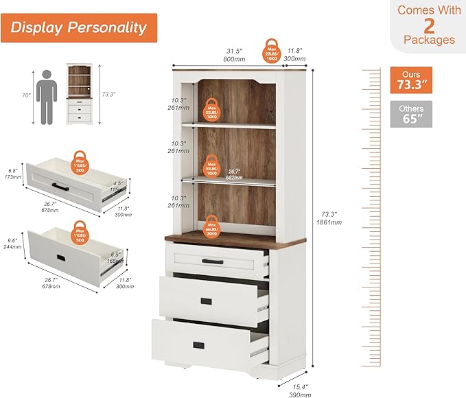 WAMPAT 3 Tier Pantry Cabinet with Drawer,73.3" Tall Floor Standing Cupboard,Modern Farmhouse Display Kitchen Buffet with Adjustable Shelves for Dining Room,Living Room,Rustic White