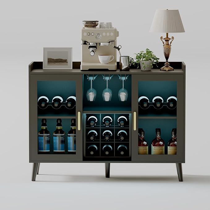 Wine Bar Cabinet with LED Lights, 47 Inch Freestanding Sideboard Buffet with Wine Rack & Glass Holder, Multi-Functional Storage Cabinet for Dining Room Living Room Kitchen, Black