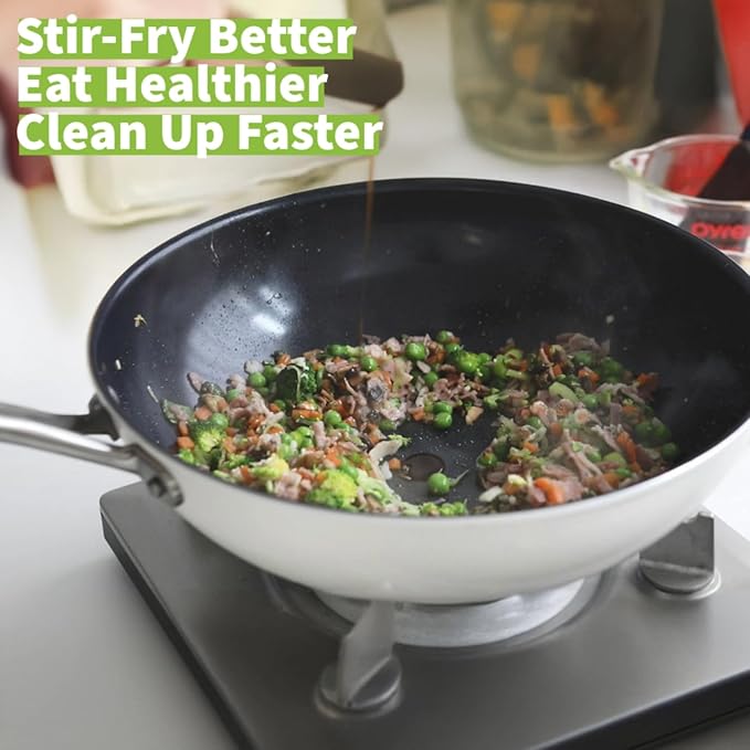 TeChef Collection | Ceramic Nonstick Flat Bottom Wok Stir Fry Pan, Nontoxic - Free of PFAS, PFOA, PTFE (Wok 12")
