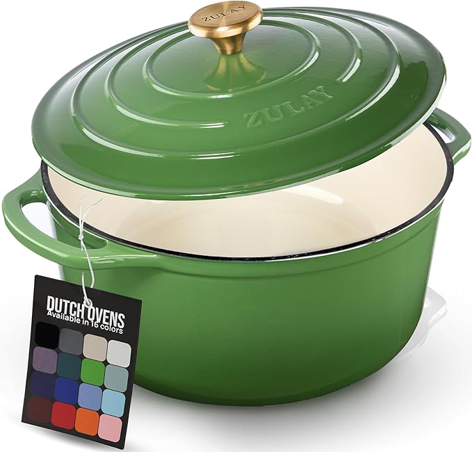 Zulay Kitchen 5 Quart Enameled Cast Iron Dutch Oven Pot with Lid ??Premium Durability & Oven Safe up to 500째F ??Heavy Duty Cookware Perfect for Bread Baking, Stews, Braising & Roasting ??Green