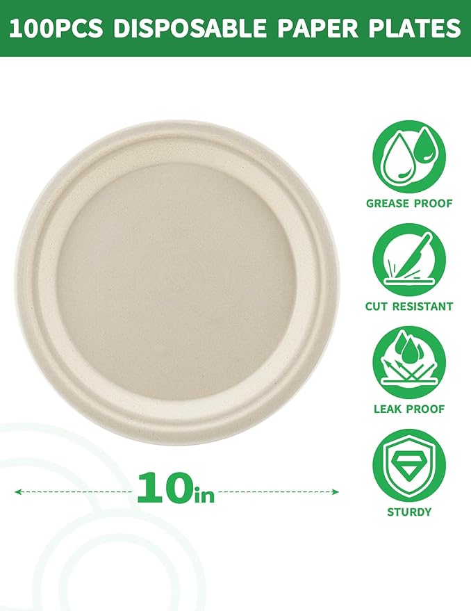 100Pack Disposable Paper Plates 100% Compostable Large Paper Plates Heavy Duty Biodegradable Plate 10Inch BPI Certified Eco-Friendly Plate Perfect for Daily Meals, Dinner, Parties, Wedding