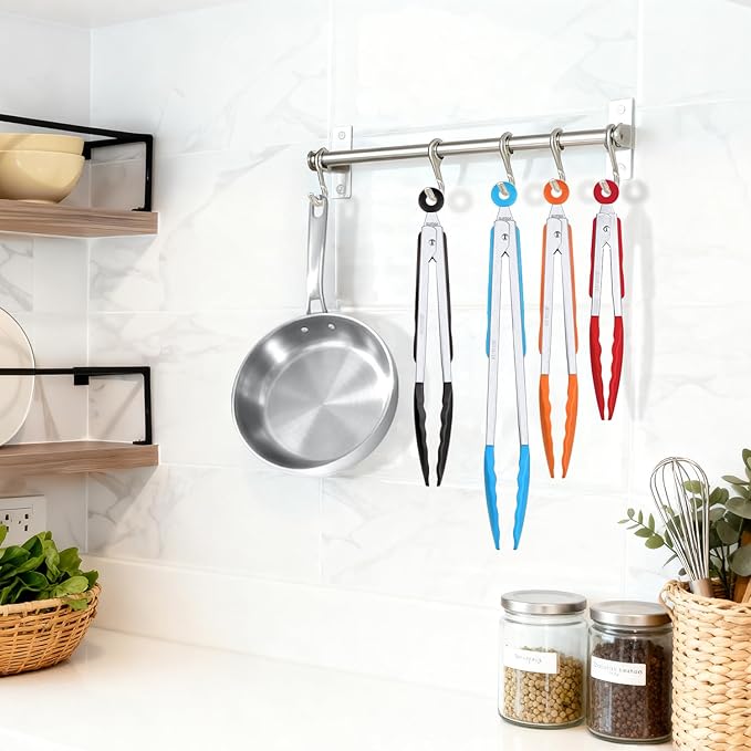 Salad Tongs, 7/9/12/16 Inch Silicone Food Tongs with 304 Stainless Steel Core, Easy-Grip, in Pistachio, Black, Blue, Orange, Red (Black, 7inch)