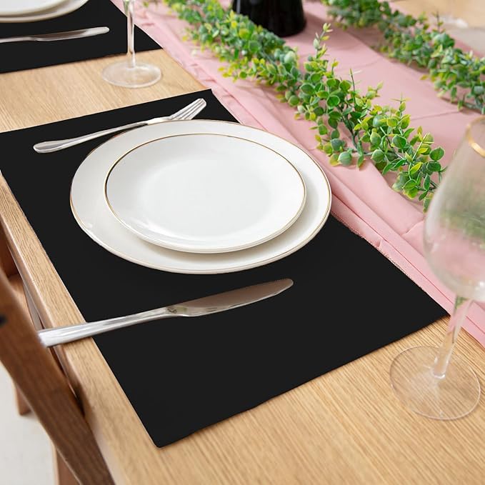 Rinpon Cloth Placemats Set of 8, Linen Type Fabric Placemats Machine Washable Heat Resistant Placemats Wrinkle Free Thick Polyester Kitchen Place Mats for Dining Table (Black)