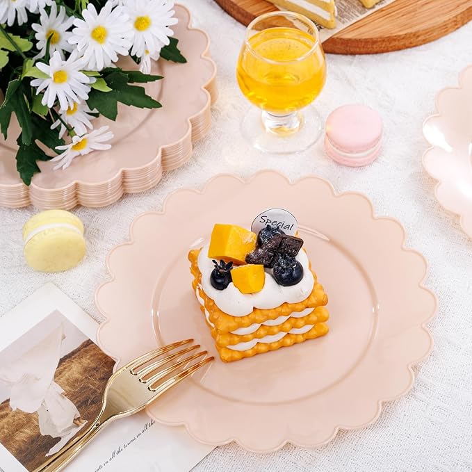 SUT 72-Count Pink Plastic Plates Disposable 7.5 Inch - Scalloped Edge Dessert Plates for Valentine?셲 Day, Parties, Birthdays, Weddings | Lightweight & Durable Disposable Dinnerware (72 Pack)