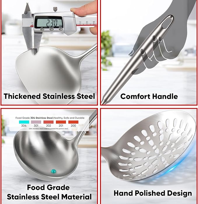 Newness 9 Pcs Cooking Utensils Set, 304 Stainless Steel Kitchen Utensils Set, Metal Kitchen Accessories, Include Soup Ladle, Slotted Skimmer Spoon, Spaghetti Spoon and Spatula, Dishwasher Safe (Short)