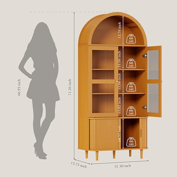 71" Tall Arched Kitchen Pantry, Modern Farmhouse Wood Kitchens Storage Cabinets with Sliding Doors竊?Adjustable Shelves, Versatile Cupboard for Kitchen, Living Dining Room, Bathroom (Yellow Walnut)