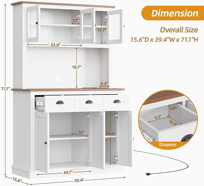 71" Kitchen Hutch with Charging Station, Tall Pantry Storage Cabinet with Microwave Stand, Adjustable Shelves, Slide Drawers, Large Buffet Pantry Cabinet for Kitchen, Dining Room, White