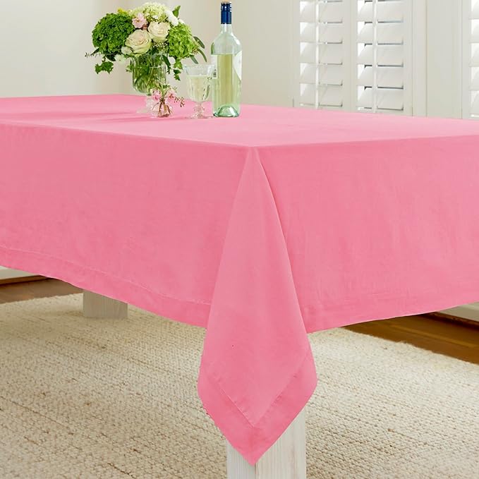 Solino Home Linen Tablecloth for Rectangle Tables 60 x 90 Inch - 100% Pure Linen Pink Carnation Table Cloth - Fete, Machine Washable Cloth Tablecloth for Valentines, Spring, Easter