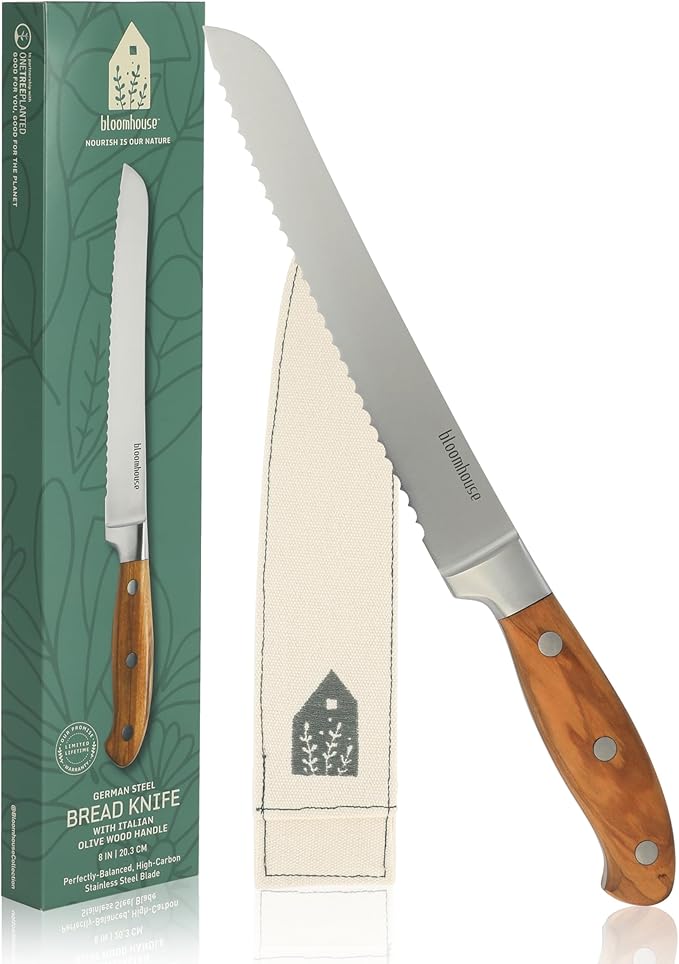 Bloomhouse - Two Time Oprah's Favorite Things Winner - 8-Inch Bread Knife ??German Stainless Steel Serrated Blade with Forged Italian Olive Wood Handle, Full Tang Knife for Artisan Bread & Baking