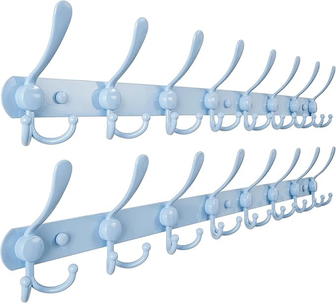 Dseap Coat Rack Wall Mount - 29.5??Long 8-Tri-Hooks Heavy Duty Coat Hanger Rail Wall Hooks for Hanging Coats Hats Clothing Clothes Purse Mudroom Entryway, Blue, Pack of 2