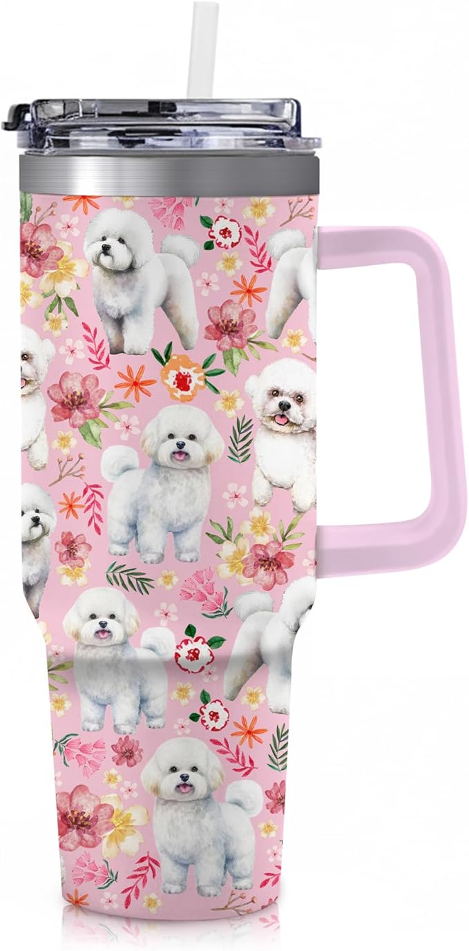 Yogusut Bichon Frise Gifts for Women, 40oz Stainless Steel Insulated Tumbler Travel Mug Cup with Handle Straw, Gifts for Dog Mom Dog Lover