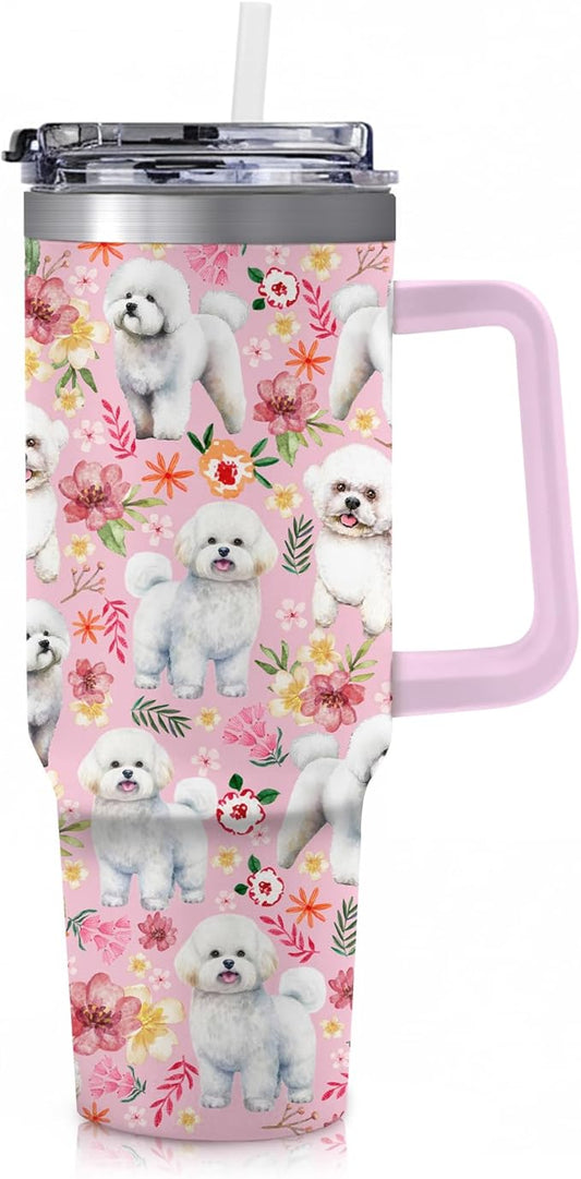 Yogusut Bichon Frise Gifts for Women, 40oz Stainless Steel Insulated Tumbler Travel Mug Cup with Handle Straw, Gifts for Dog Mom Dog Lover