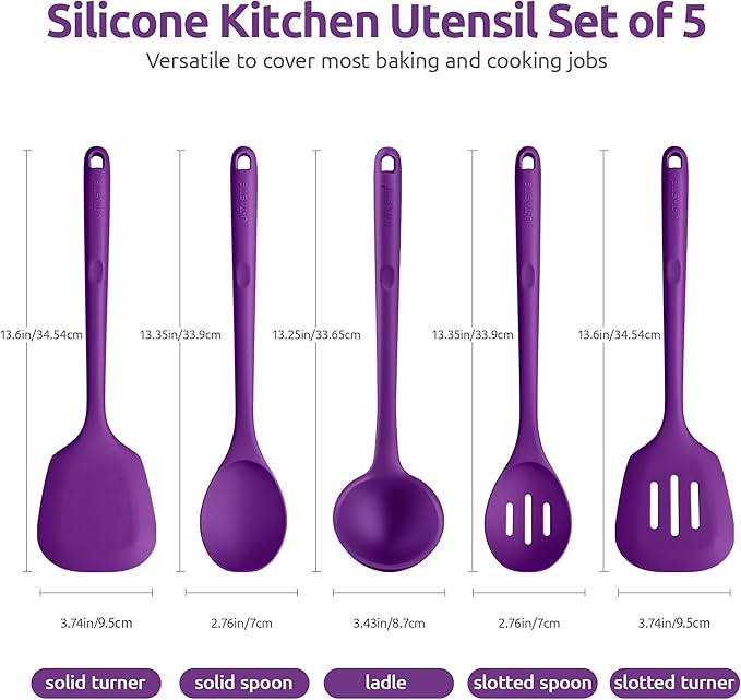 Silicone Kitchen Cooking Utensil Set: U-Taste 600쨘F Heat Resistant 13.6in Extra Long Kitchen Tools, Food-Grade Non-Stick Spatula Turner Spoon Ladle for Stir Frying, Serving, Mixing (5 Pieces, Purple)
