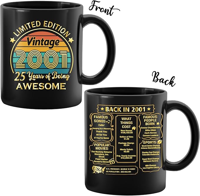 QUPT 25th Birthday Gifts for Women Men, 25th Birthday Gifts for Him, 2001 Birthday Gifts for Women Men, 25 Years Old Gifts, 2001 Birthday Gifts for Her Him, 25th Birthday Presents Coffee Mug