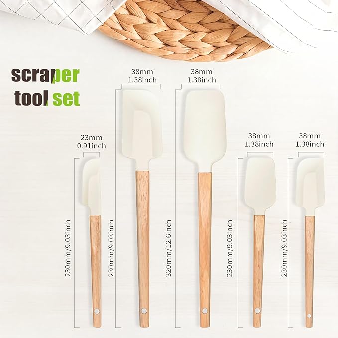 Non-Stick Rubber Spatula Set 5 Pieces - Food Grade Silicone Spatulas, Spoon Scraper, Jar Scraper, Flat Scraper for Baking Cooking Mixing Frosting - 600째F Heat Resistant (Cream White)