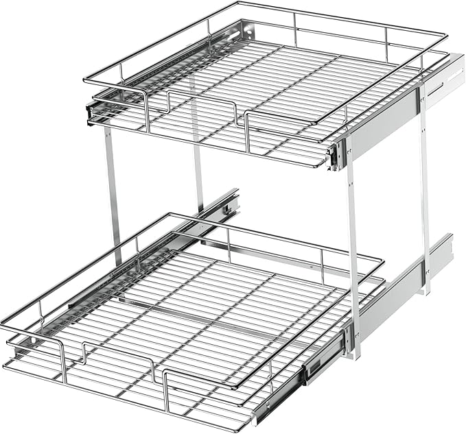 LOVMOR 2 Tier Individual Pull Out Cabinet Organizer 22쩍" W x 21쩍" D, Slide Out Kitchen Cabinet Storage Sliding Shelves