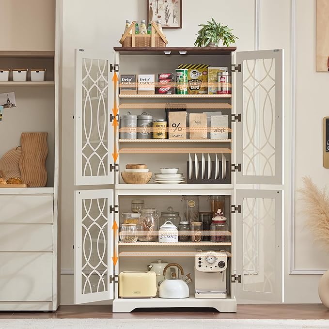67" Tall Pantry Cabinet Set of 2, Vintage Kitchen Pantries Cabinets with Glass Doors & Adjustable Shelves, Wood Cupboard with Large Storage for Dingning Room, Bathroom, Antique White