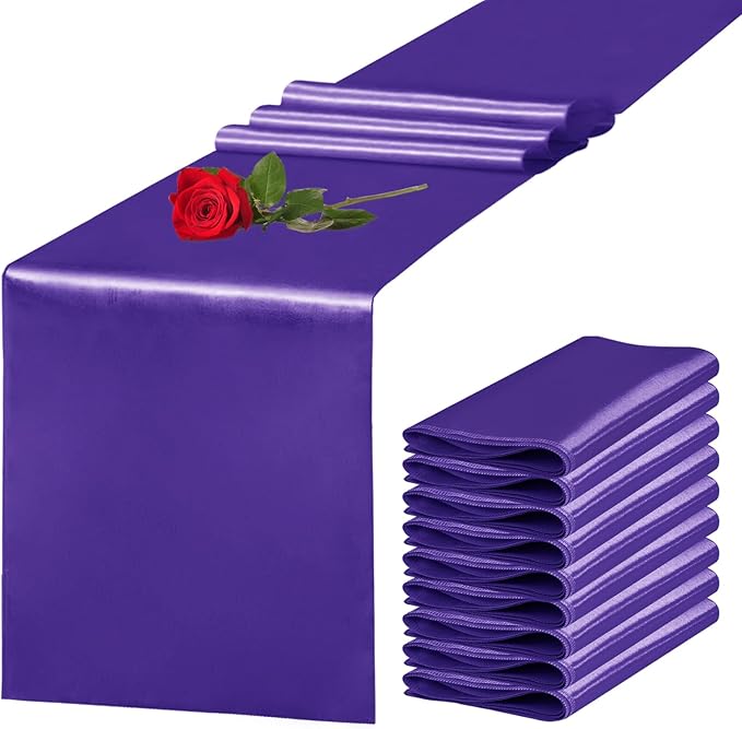 Yblut 10 Pack Satin Table Runner 12 x 108 Inch Long Purple Silk Table Runner for Wedding Party Banquet Birthday Decoration