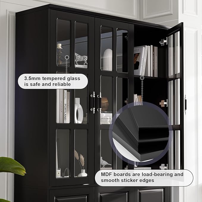MEISSALIVVE Kitchen Pantry Storage Cabinet, 78.7" Tall with Glass Doors & Drawers, Freestanding Utility Cabinet, Black (47.2" W x 15.7" D)