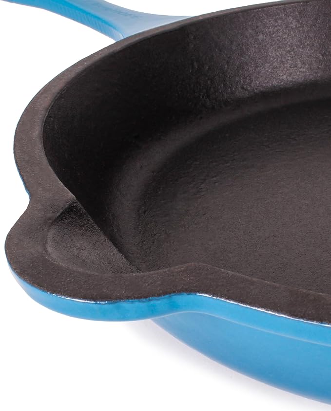 BergHOFF Neo 3Pc Enameled Cast Iron Cookware Set, Fry Pan 10 inches, Grill Pan 11 inches, Slotted Steak Press, Fast, Evenly Heat, Oven safe (Blue)