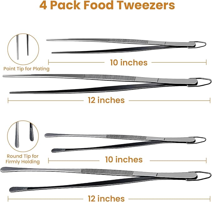 GEEKHOM 4-Piece 12 & 10-Inch Cooking Tongs: Professional Stainless Steel Scissor Tongs Set with Non-Slip Grip (Black)