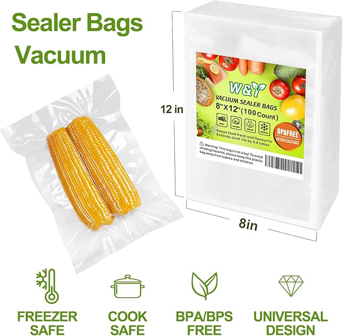 W&Y 100 Single-Ply Vacuum Sealer Bags (8"x12" Quart) ??Pre-Separated, Commercial Grade, BPA Free for Food Storage, Sous Vide & Meal Prep ??1 Pack (100 Count)