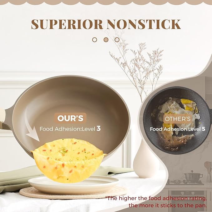 PRICUSIS Nonstick Deep Frying Pan with Glass Lid, 10 Inch (3.2 qt), 5X Durable Nonstick Saut챕 Pan, Scratch & Stain Resistant, PFOA Free, Induction Compatible, Dishwasher & Oven Safe, Natural Linen