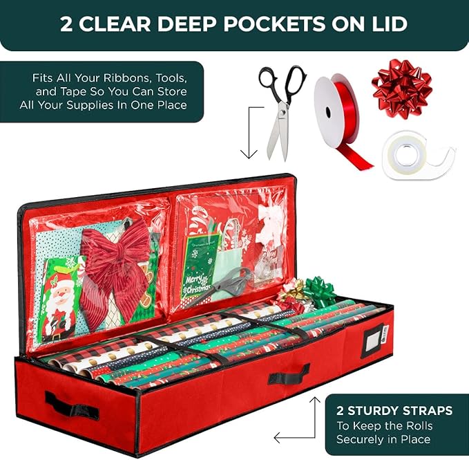 HOLDN??STORAGE Premium Wrapping Paper Storage Container - Durable 600D Tear-Proof, Fits 27 Rolls Gift Wrap, Extra Pockets for Ribbons & Bows, Underbed Storage - Ideal for Holiday Christmas, Red