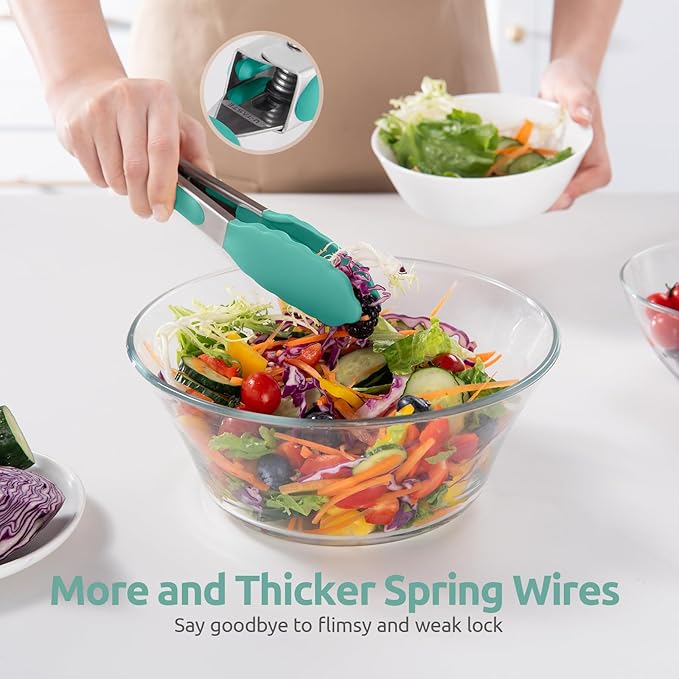 600쨘F Heat Resistant Kitchen Tong: U-Taste 7in Silicone Cooking Tong with Firm Sealed Non Stick Rubber Tips & Silicon Coated 18/8 Stainless Steel Handle & Smooth Locking for Serving Salad (Aqua Sky)