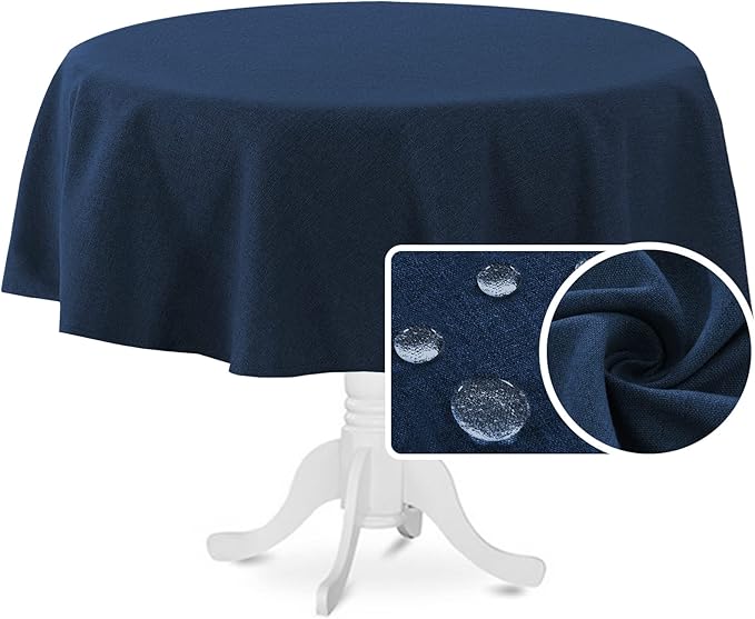 H.VERSAILTEX Linen Textured Tablecloth Round 60 inch Waterproof Decorative Table Cloth Spill-Proof Linen Look Cover for Party Table Extra Soft and Thick Fabric Wrinkle Free, Heather Navy